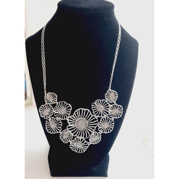 Talbots Open Work Flowers Pave Crystal Silver Tone Statement Necklace - Picture 1 of 4